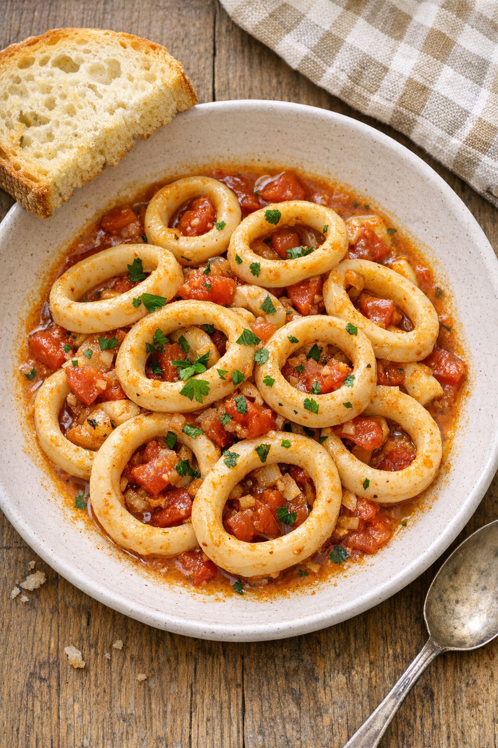Finished slow cooker calamari served in a shallow bowl