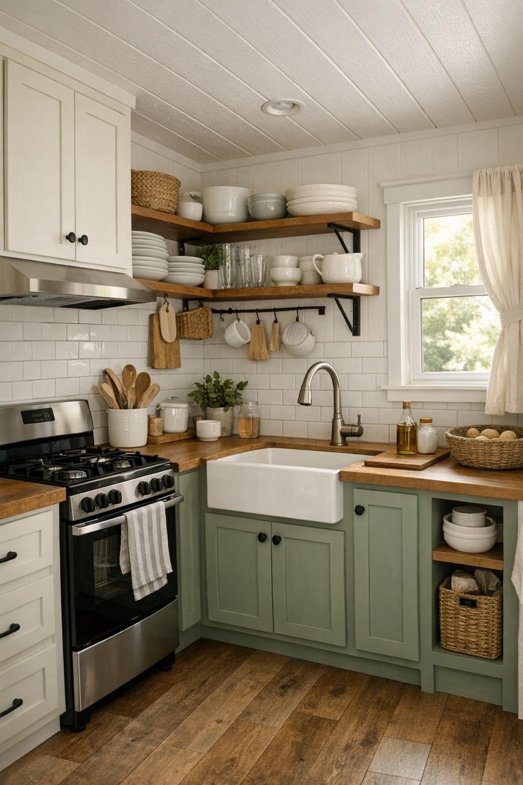 Compact cottage kitchen with painted cabinets, wood counters, and open shelving in a park model RV
