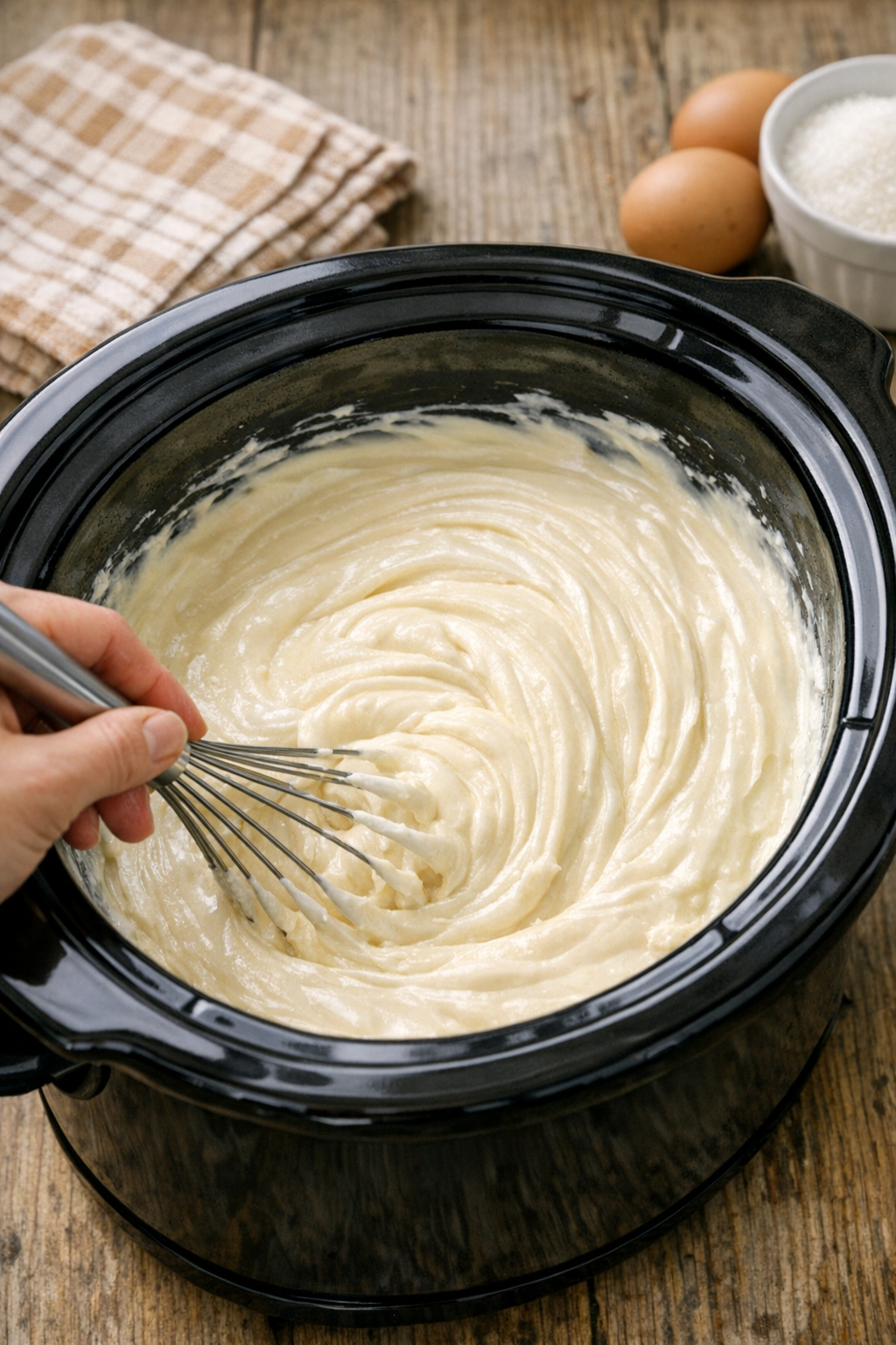 Cheesecake mixture being whisked until smooth