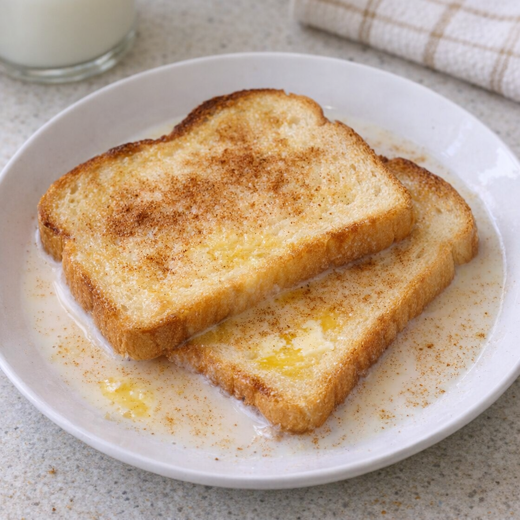 Warm milk toast served on a shallow plate
