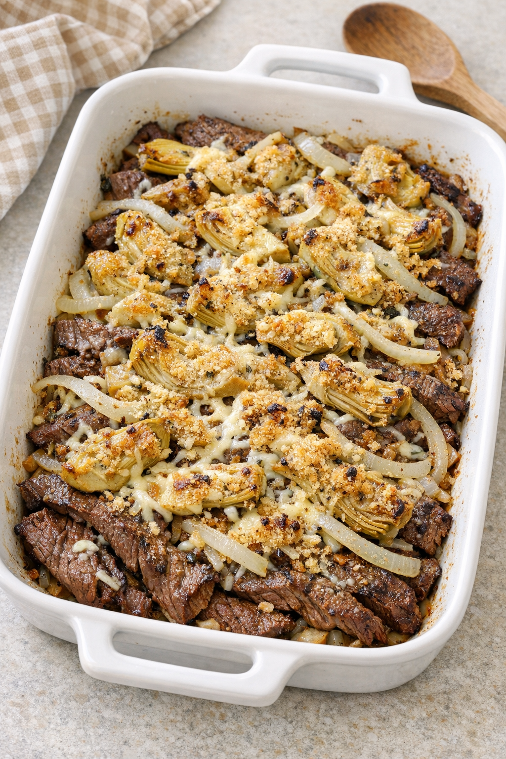 Finished baked beef and artichoke casserole in a rustic baking dish