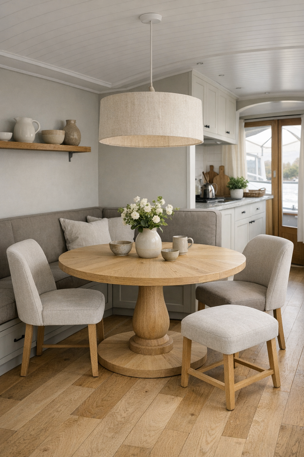 Open dining area with round oak table, upholstered chairs, and soft pendant lighting