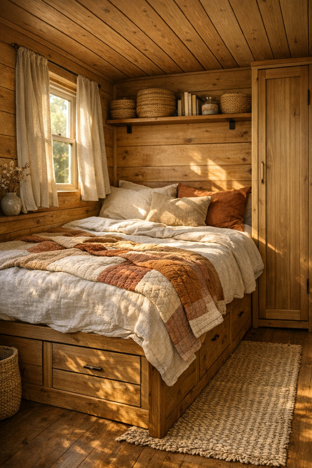Serene tiny home bedroom with linen bedding, wood walls, and built in storage