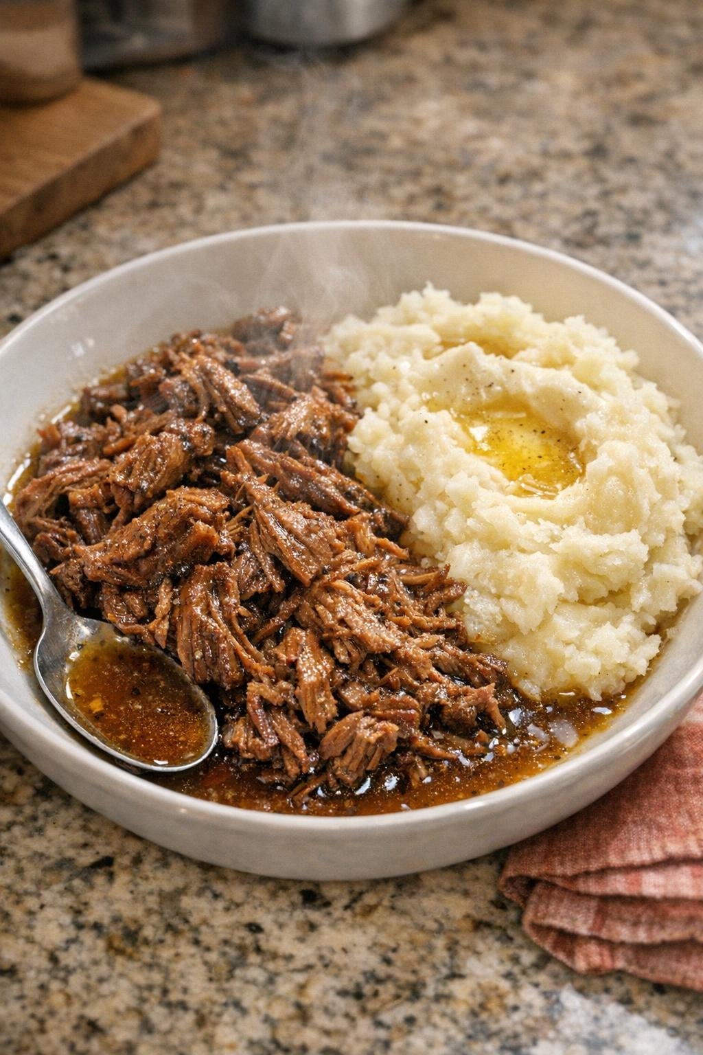 Plated shredded pot roast with buttery juices