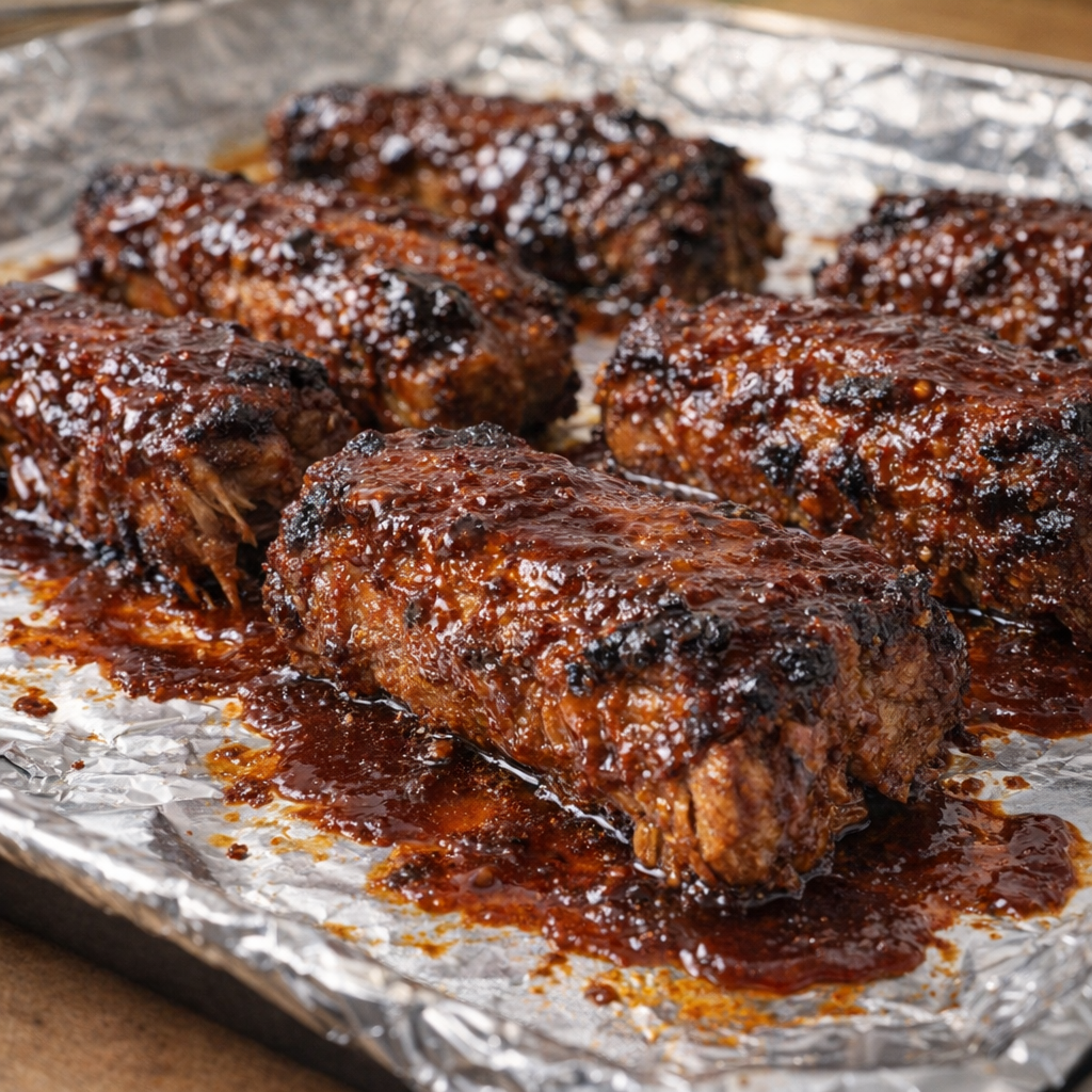 Cooked ribs on a foil-lined baking sheet ready for broiling