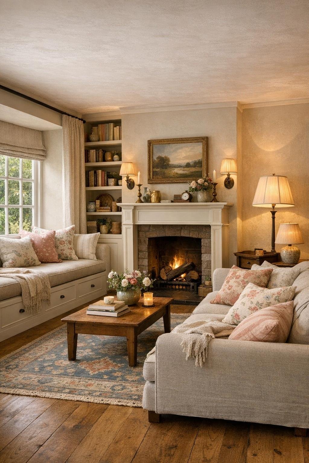 Cozy cottage living room with a window seat reading nook and soft layered textiles