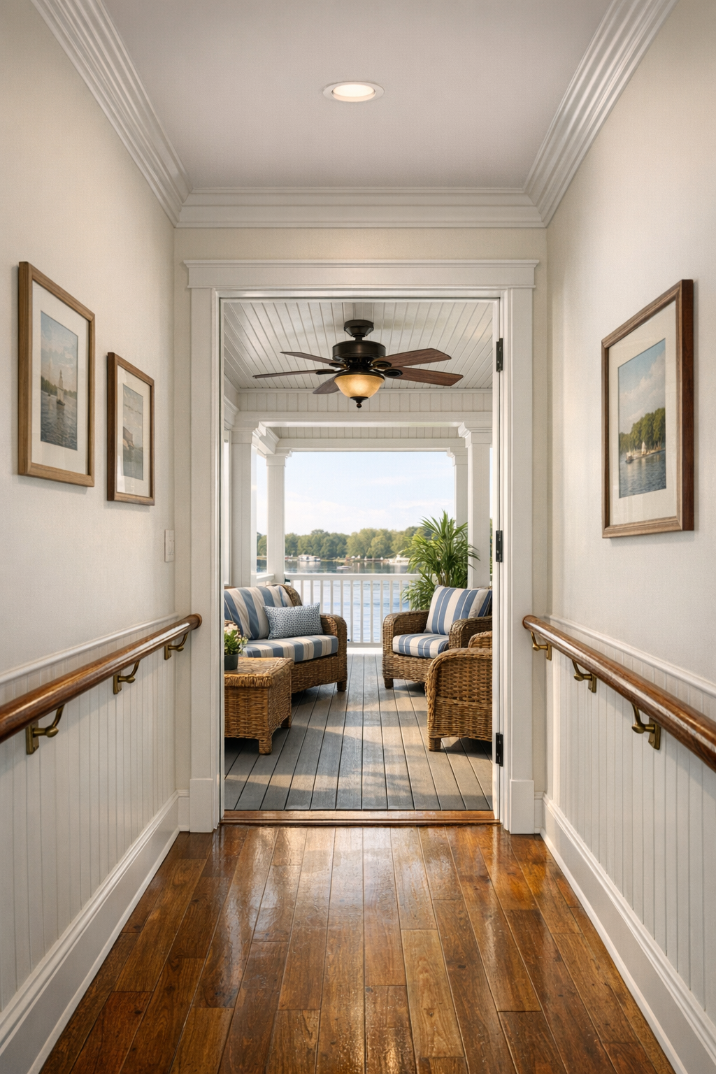 Wide hallway and covered porch area with beadboard ceiling and woven seating
