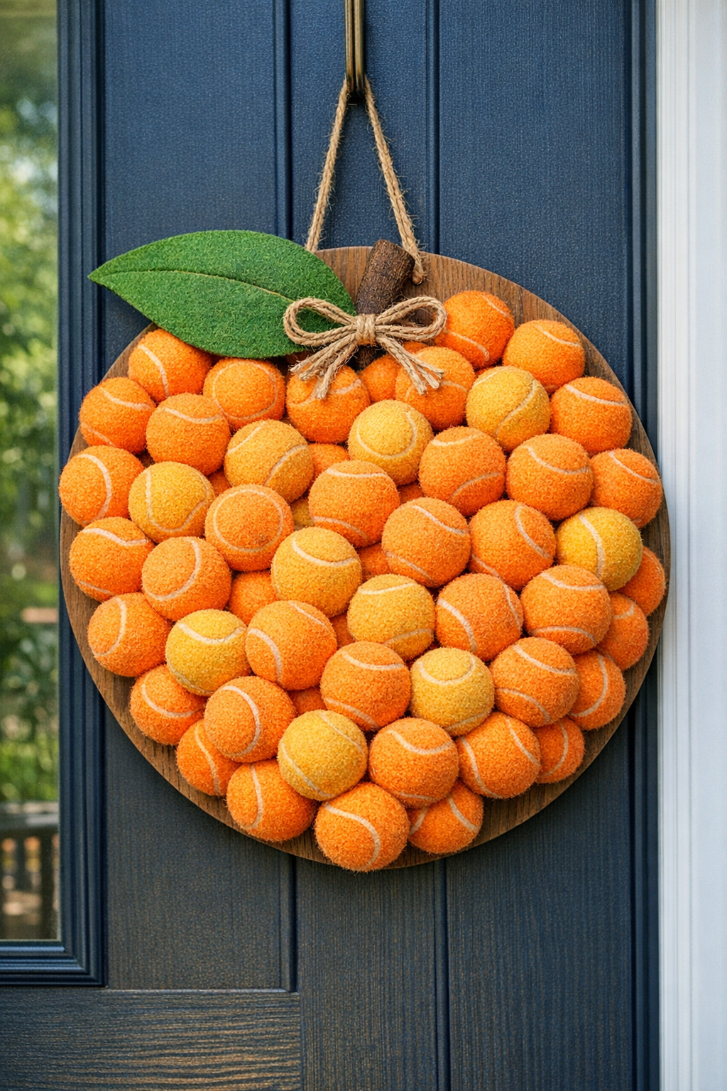 Finished giant summer peach front door hanger made from orange tennis balls