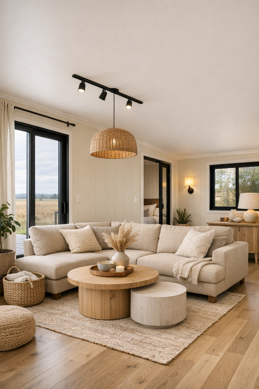 Bright accessible living room with a beige sectional, pale oak floors, and buttercream walls