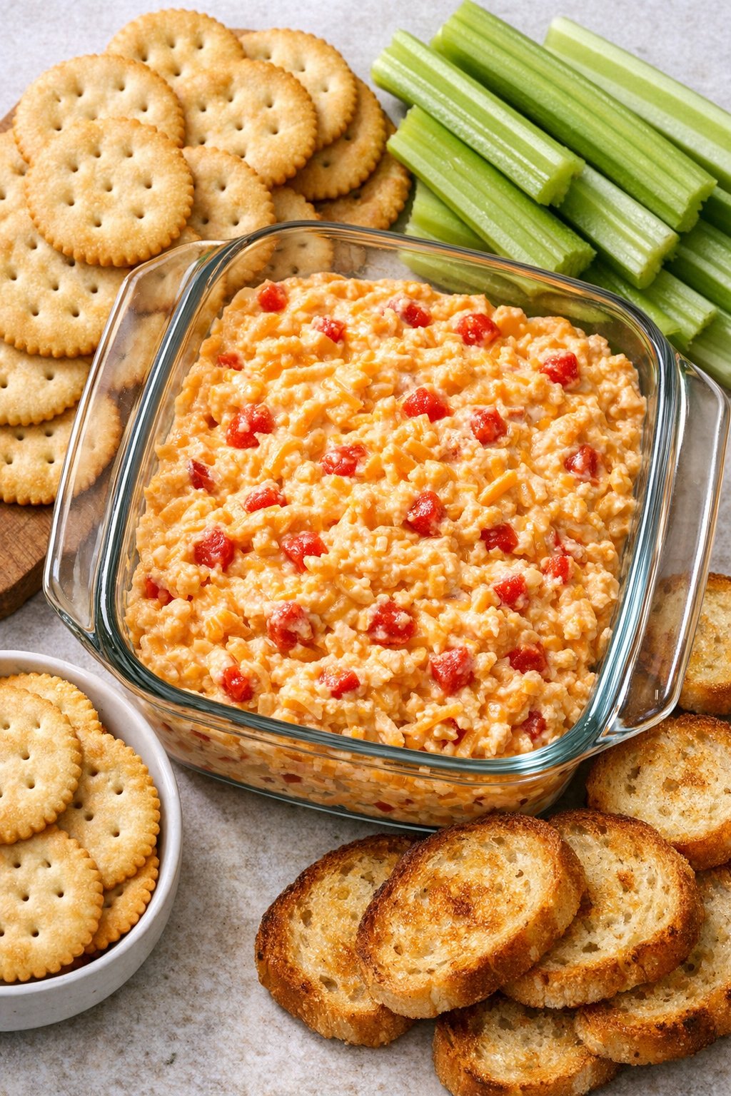 Finished pimento cheese served with crackers and vegetables