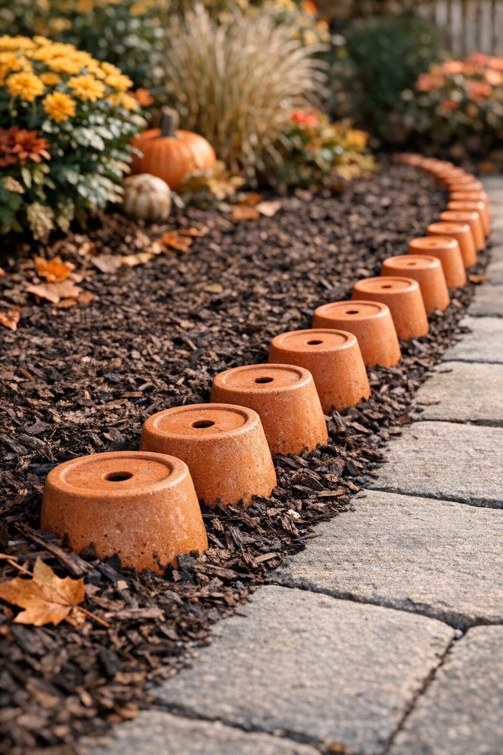 Finished terracotta pot border edging along a walkway in a dark mulched fall garden bed