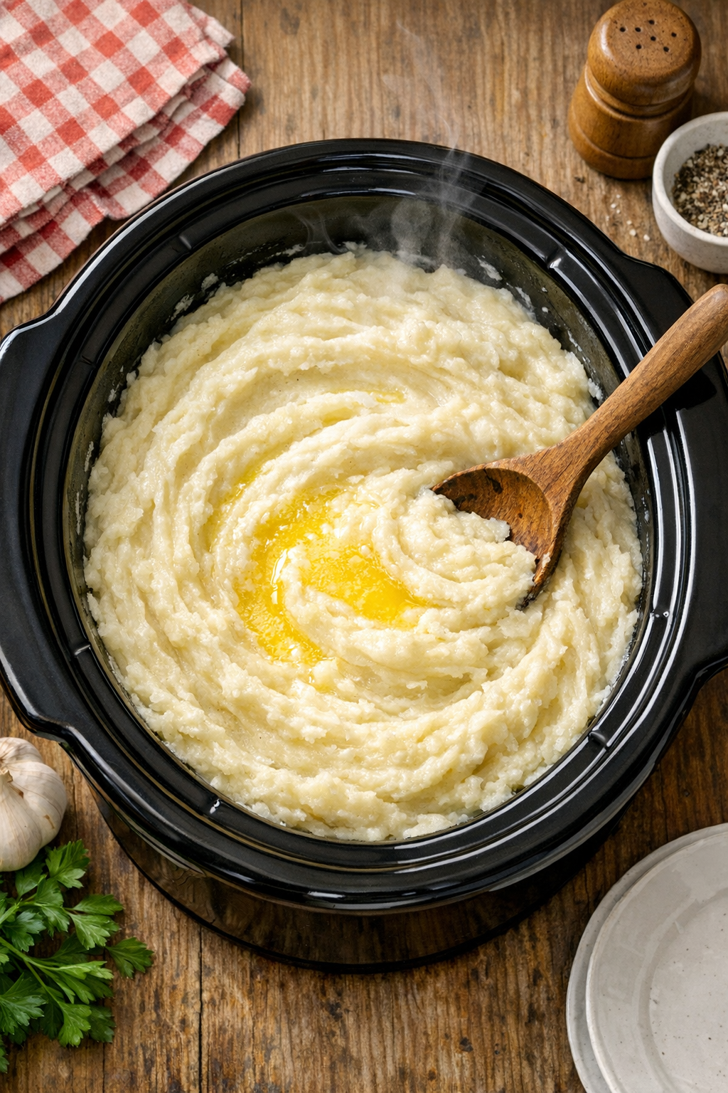 Finished silky whipped potatoes served from a black slow cooker with melting butter on top