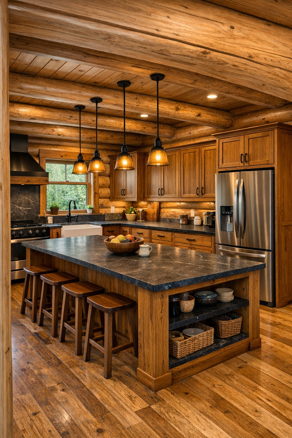 Log home kitchen with custom wood cabinetry, large island, and farmhouse sink