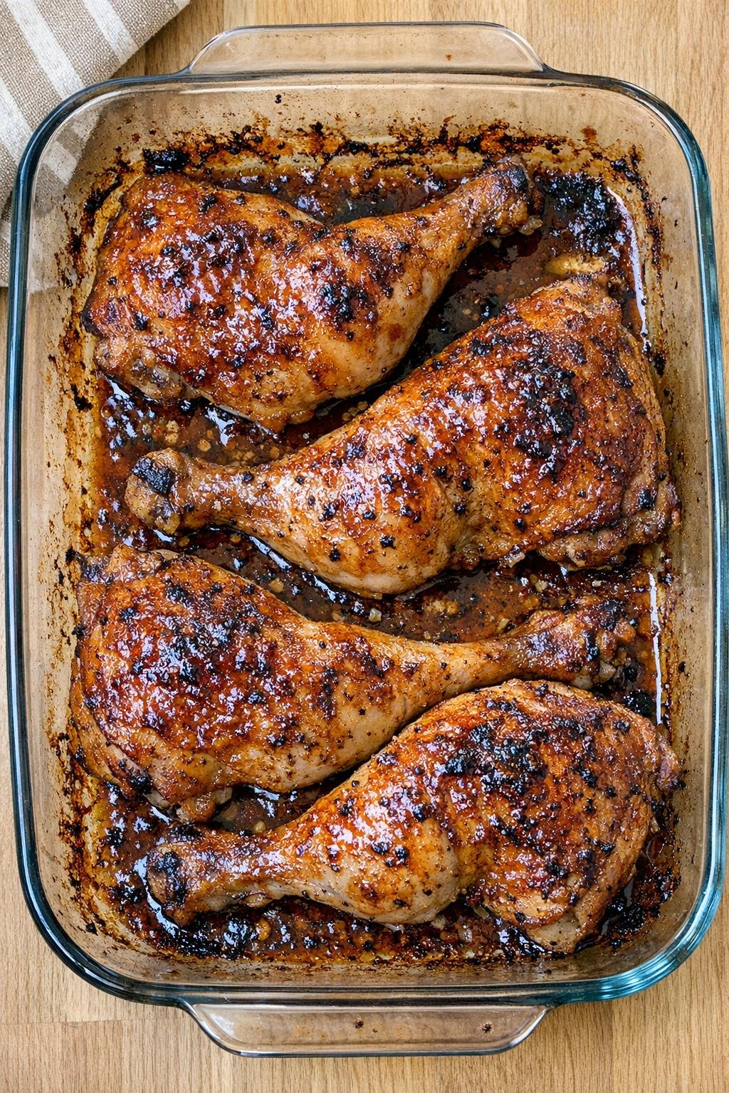 Baked chicken leg quarters in a glass casserole dish