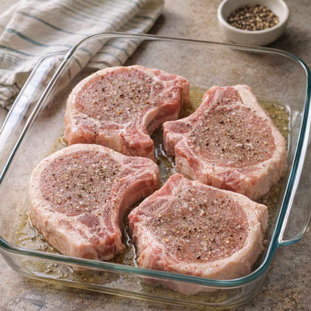 Seasoned bone-in pork chops in a glass baking dish before roasting