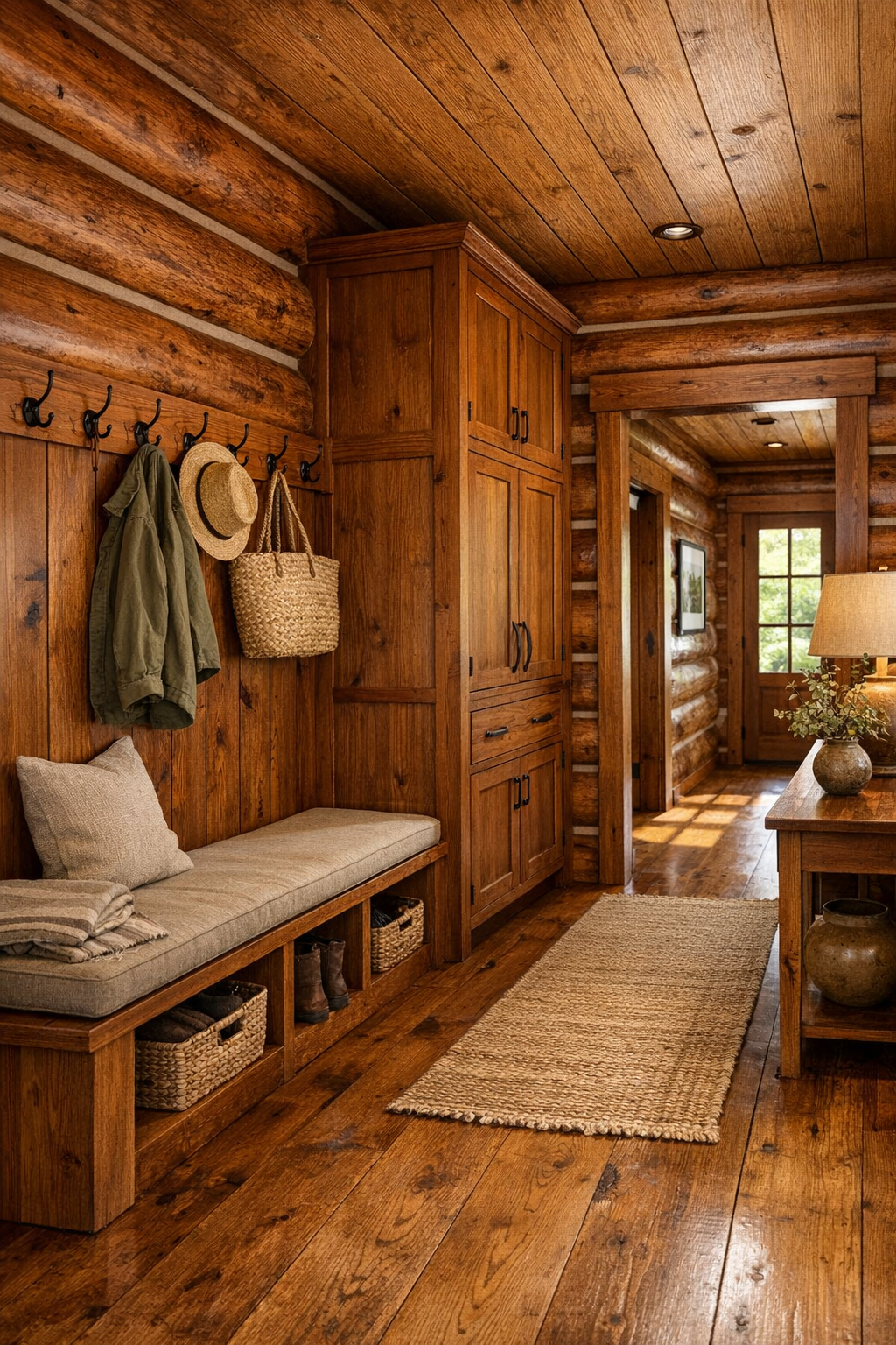 Entry and hallway area with built-in bench, storage, and matching cherry wood details