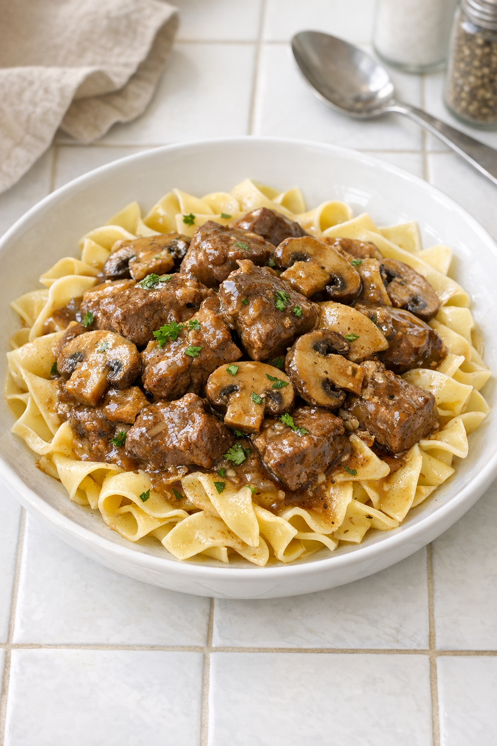 Finished Amish mushroom beef pasta plated in a shallow bowl