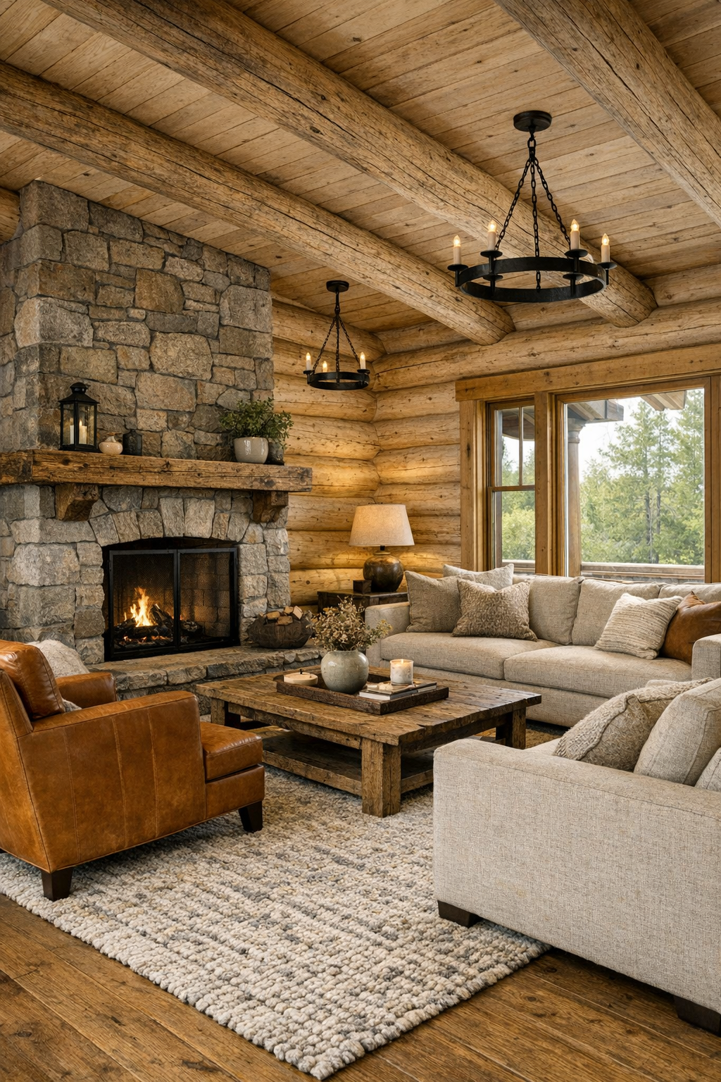 Living room with pale spruce log walls, stone fireplace, and soft neutral furnishings