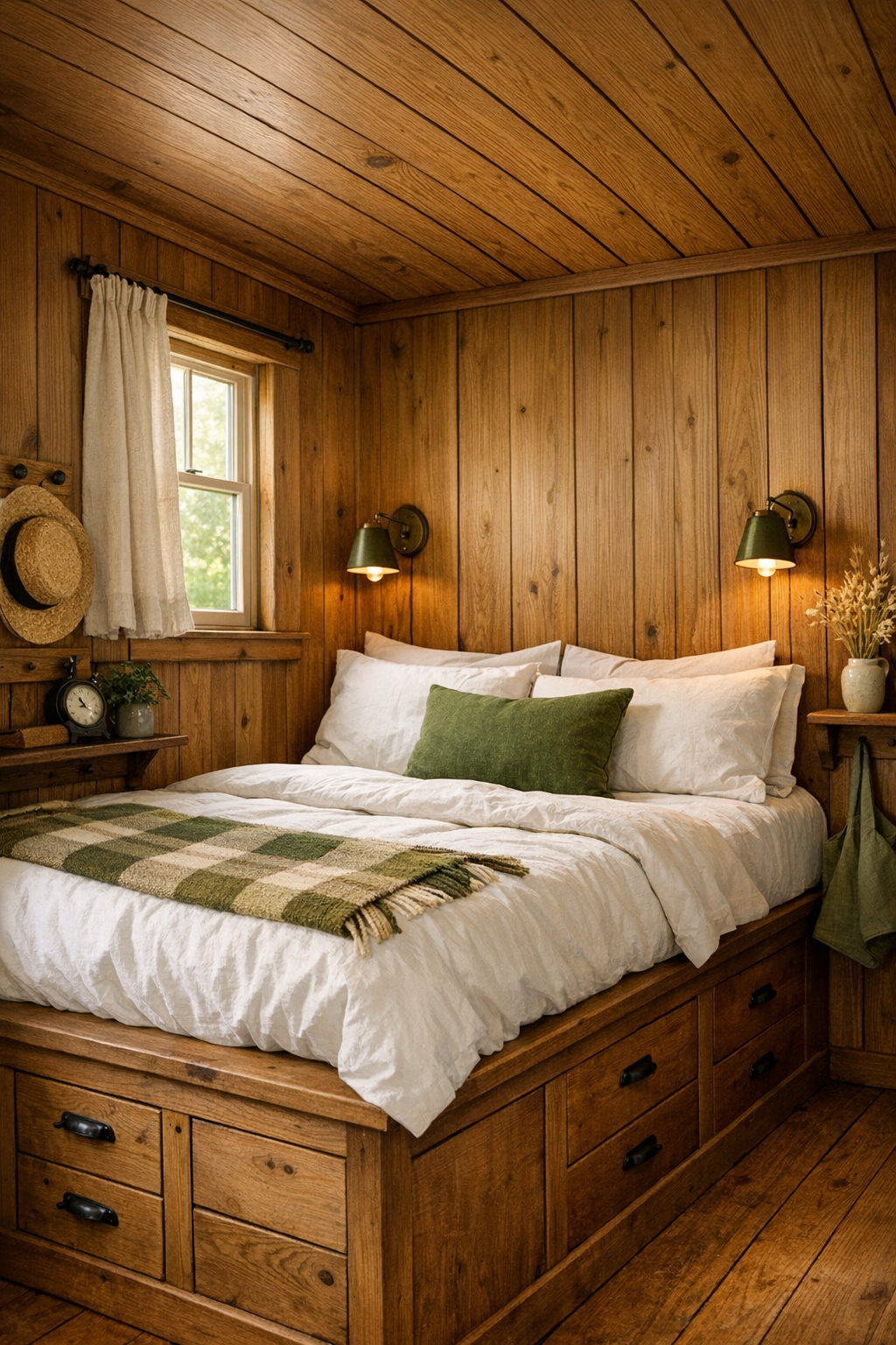 Peaceful tiny home bedroom with a built-in bed, white bedding, wood paneling, and soft wall sconces