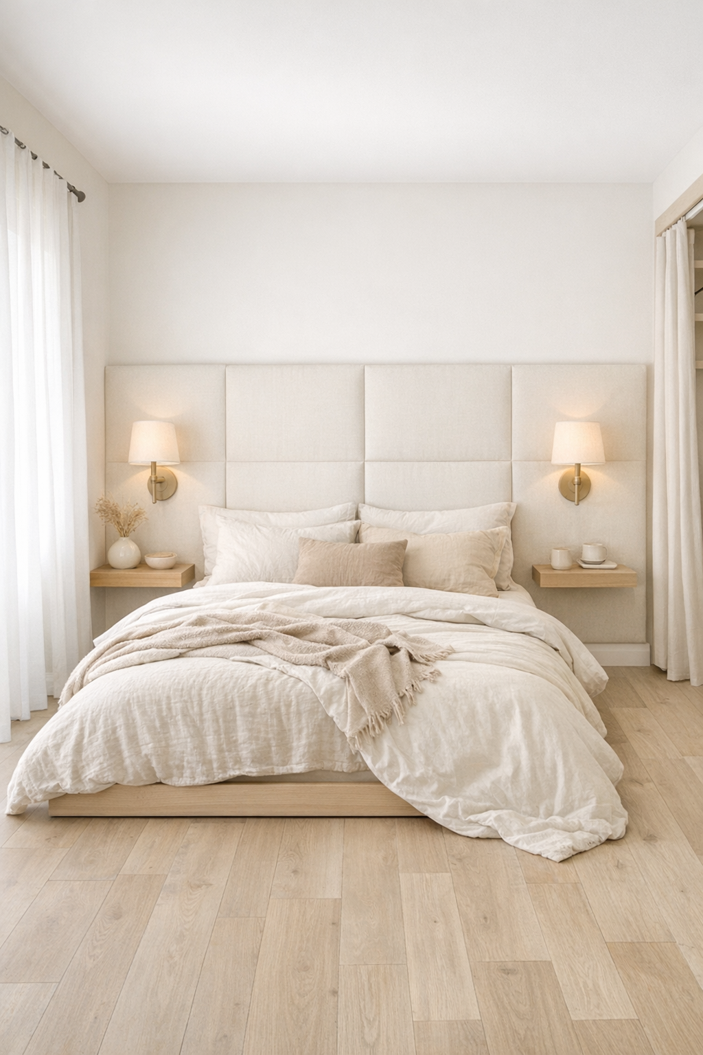Serene cream tiny home bedroom with low platform bed and soft layered textiles