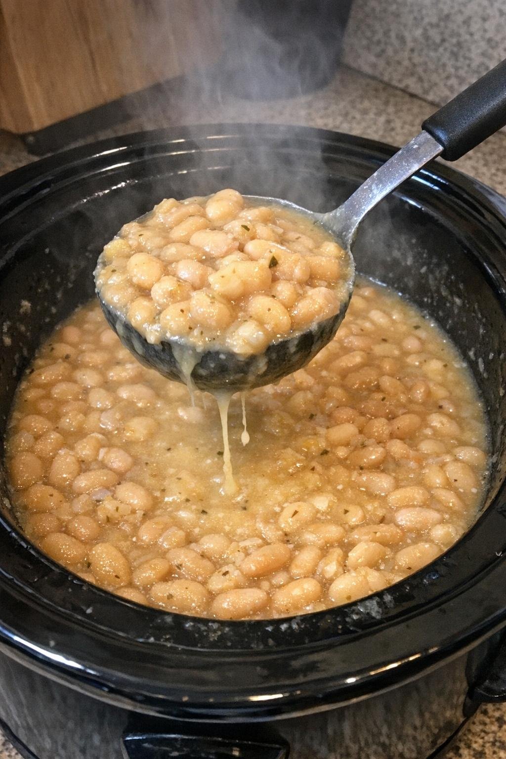 Creamy white beans in a slow cooker with a ladle lifting a scoop