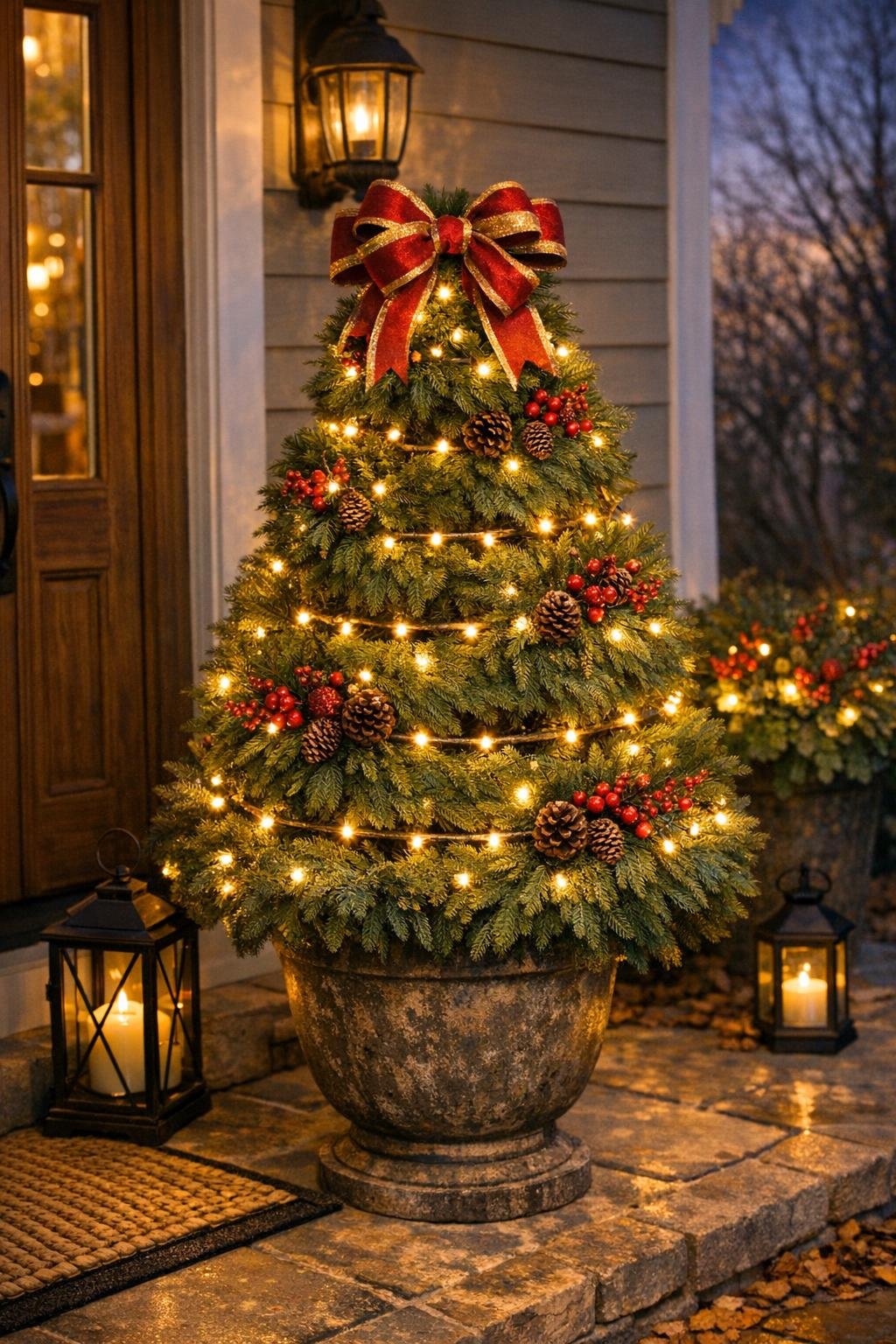 Finished porch tree made from stacked hula hoops on a front porch