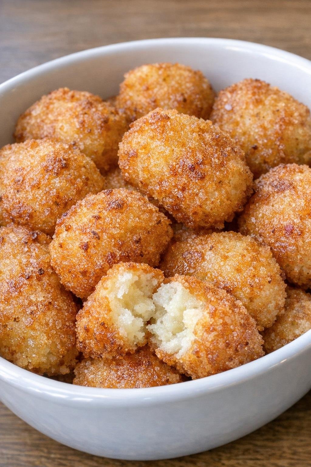 Golden crispy potato nuggets in a white ceramic serving bowl
