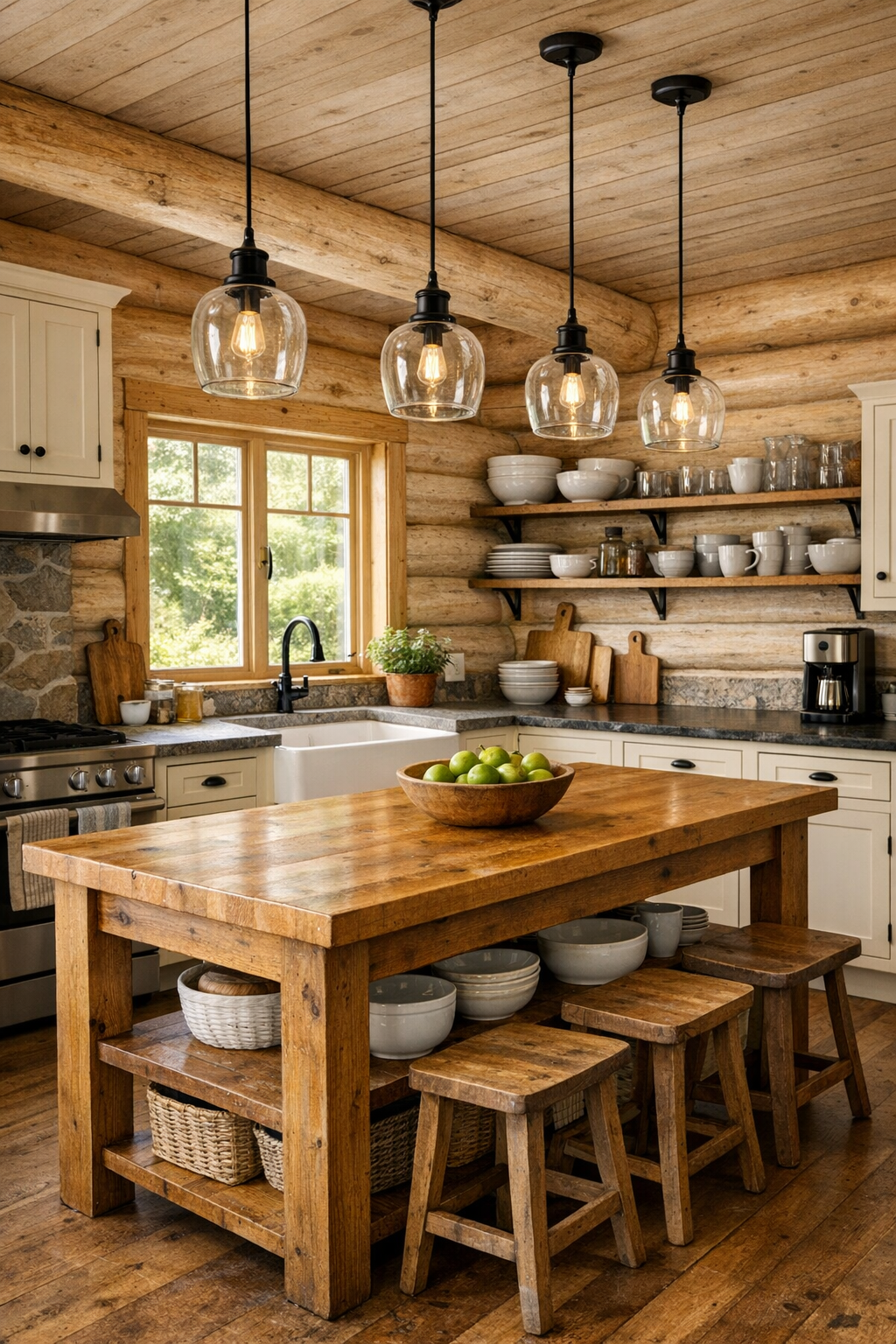Bright rustic kitchen with cream cabinetry and central wood island