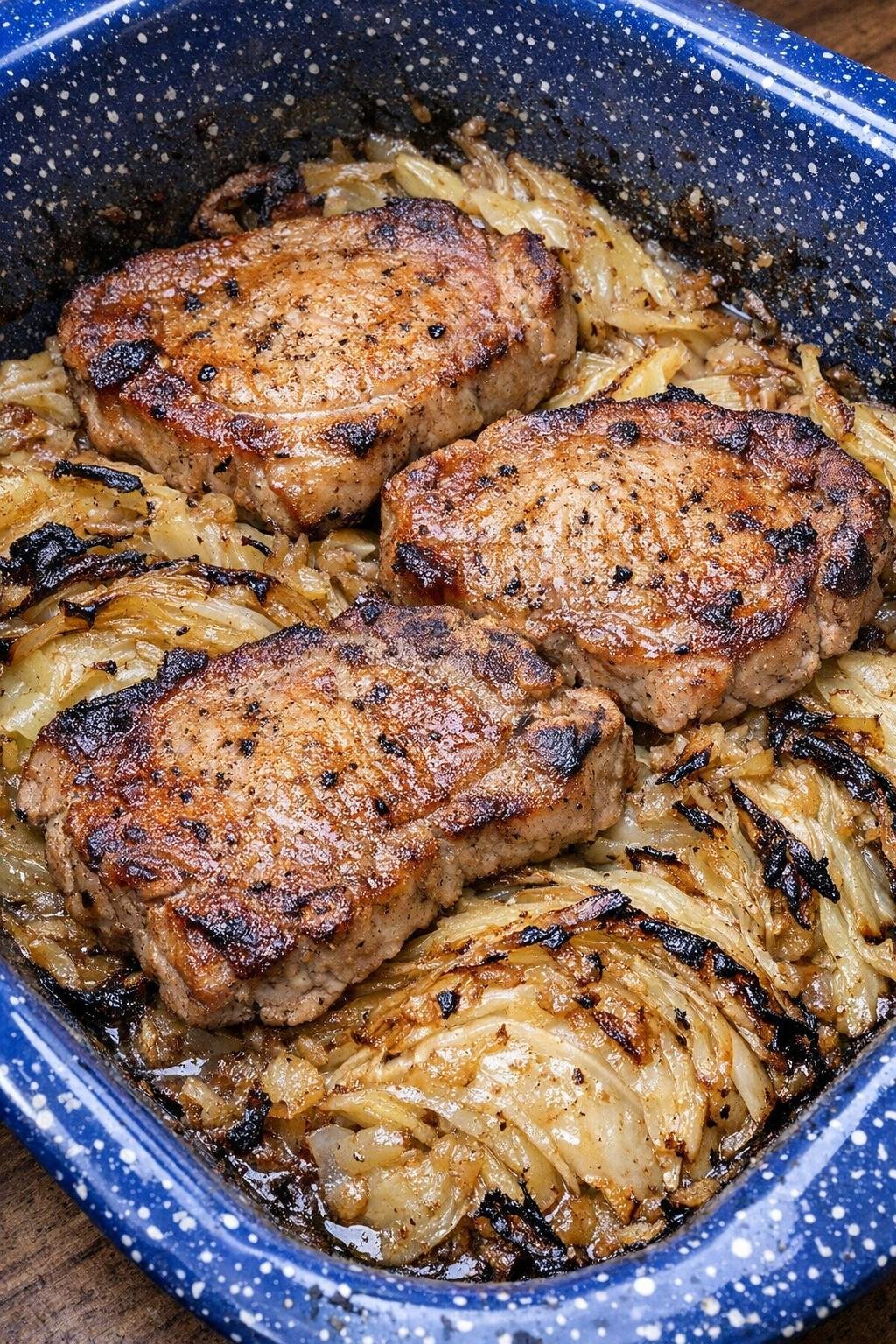 Golden browned pork chops with caramelized cabbage in a blue enamel roasting pan