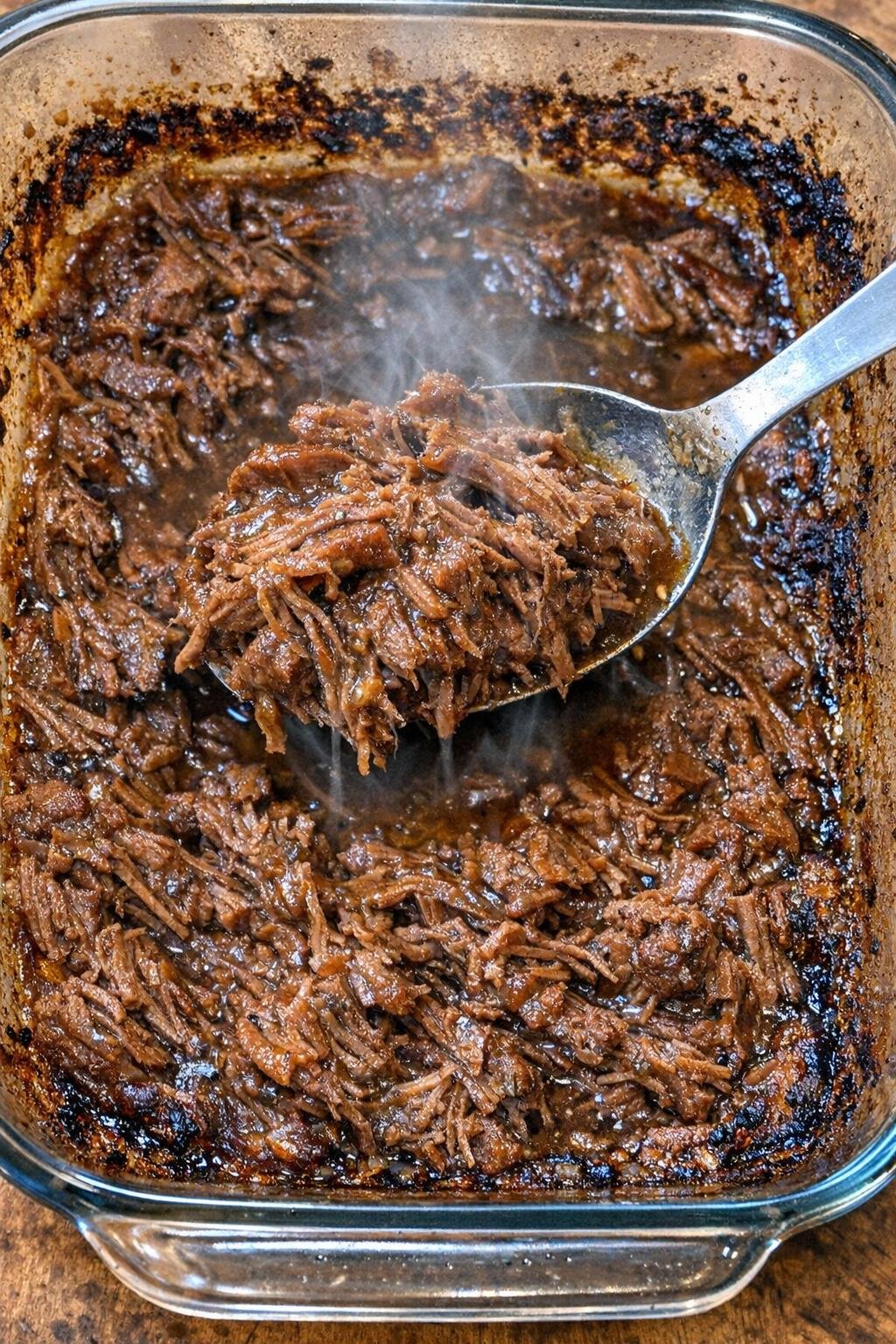Tender shredded beef with dark savory gravy in a glass casserole dish