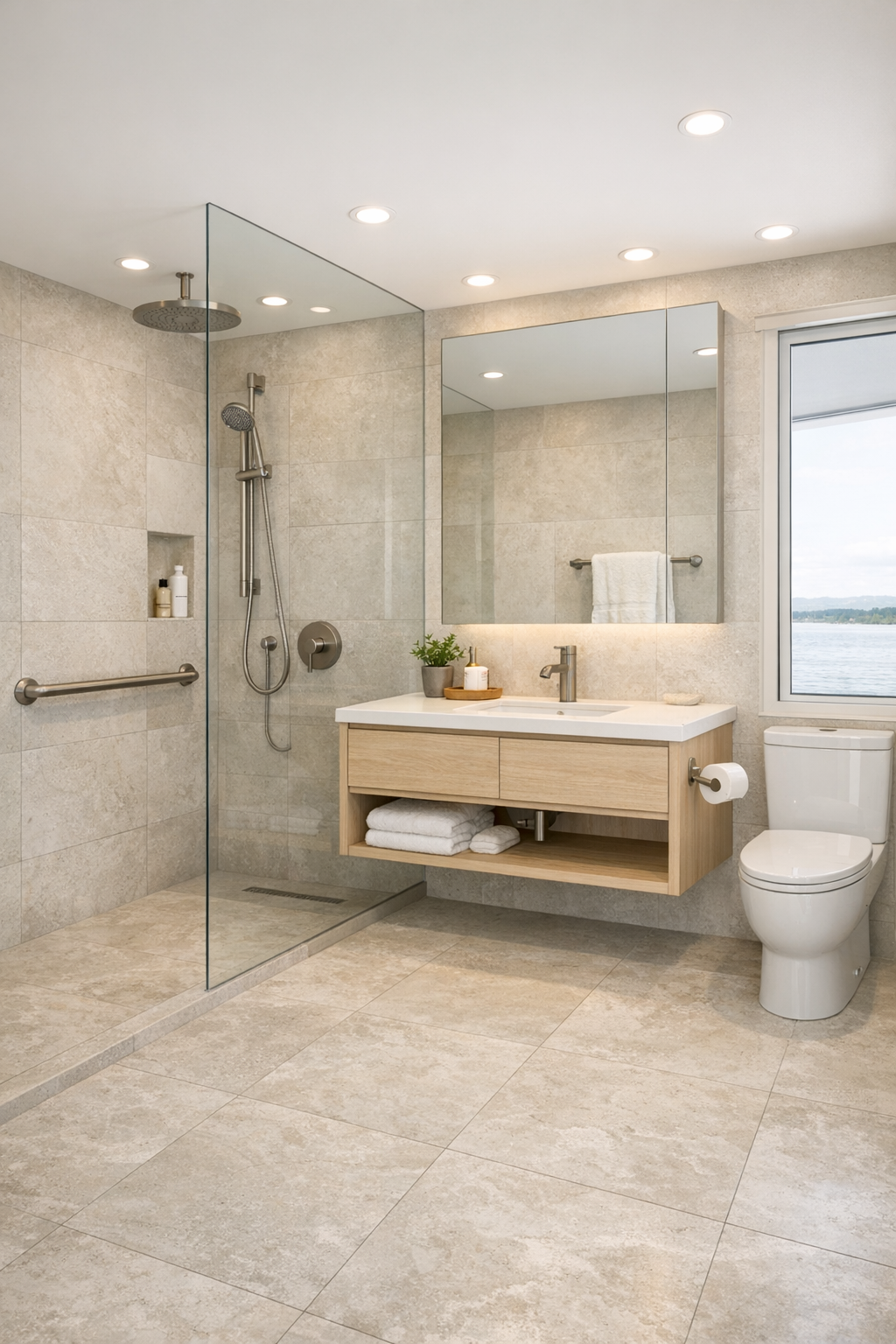 Spa-like accessible houseboat bathroom with curbless shower and pale tile