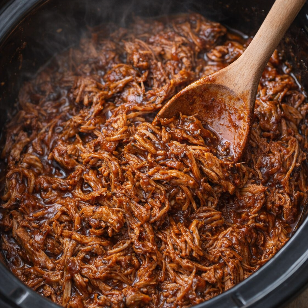 Pulled pork in the slow cooker coated in barbecue sauce