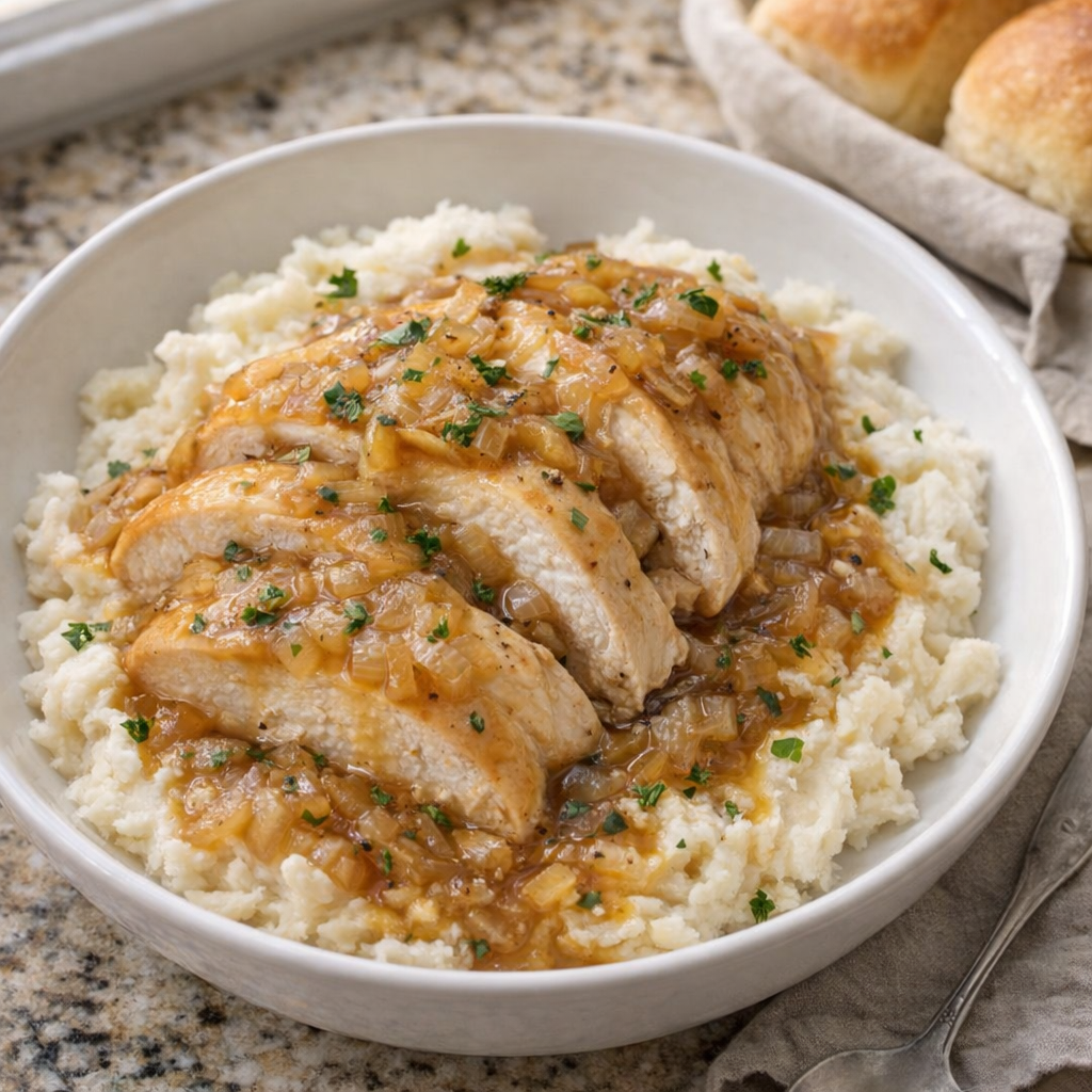 Slow cooker onion chicken served over mashed potatoes