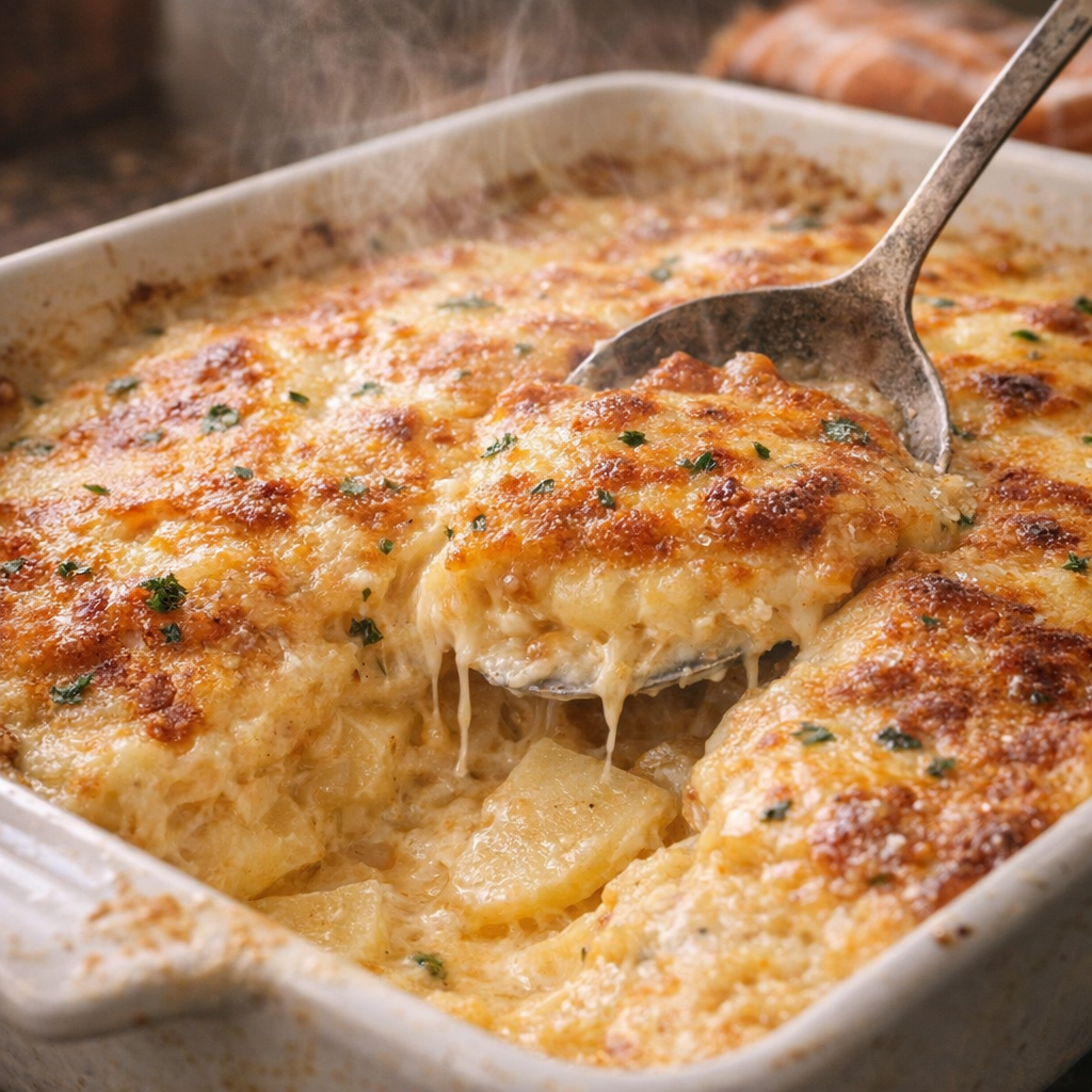 Golden browned cheesy potatoes ready to serve