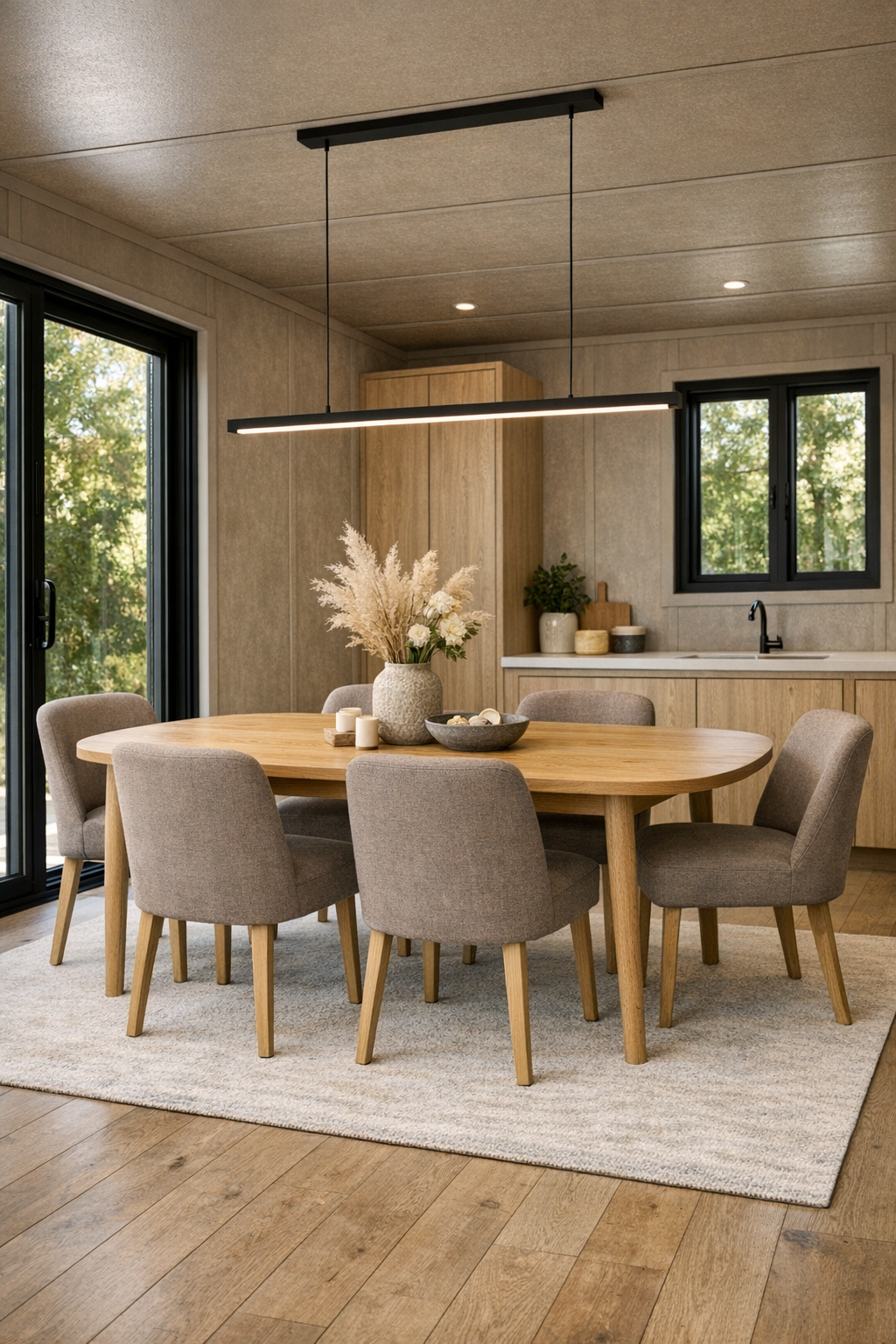 Warm modern dining room with light oak table and upholstered taupe chairs