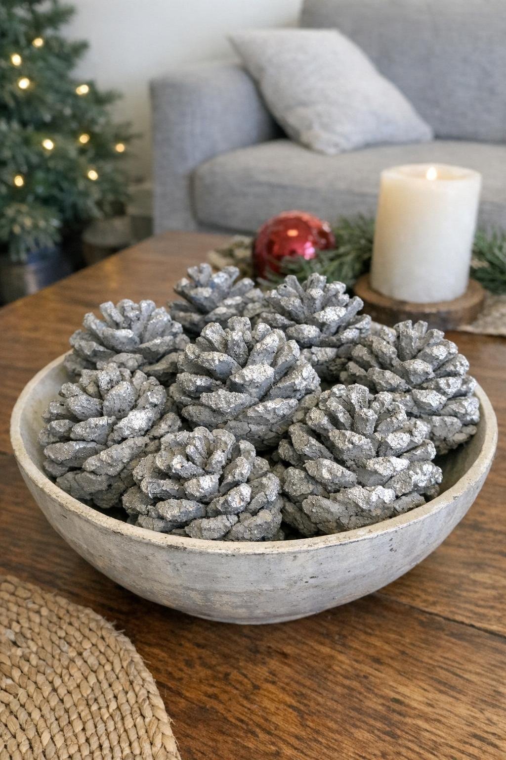 Concrete-dipped pine cones arranged in a bowl