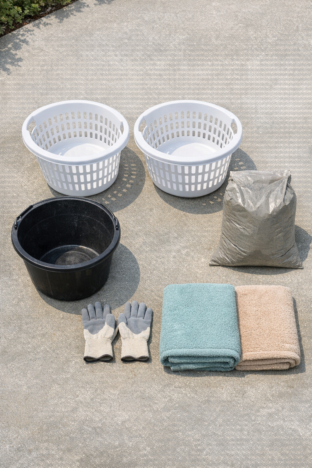 Materials for cement yard vessels laid out on a work surface