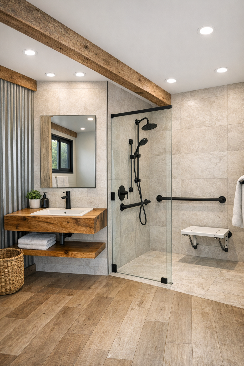Accessible bathroom with curbless shower, pale stone-look tile, and warm wood vanity