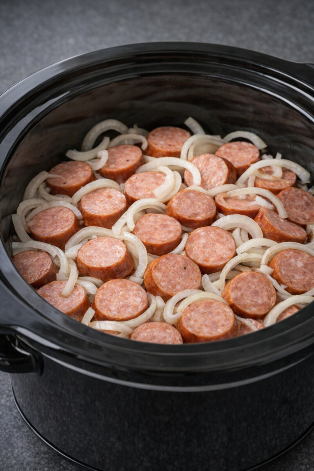 Sliced kielbasa and onions layered in a slow cooker before cooking