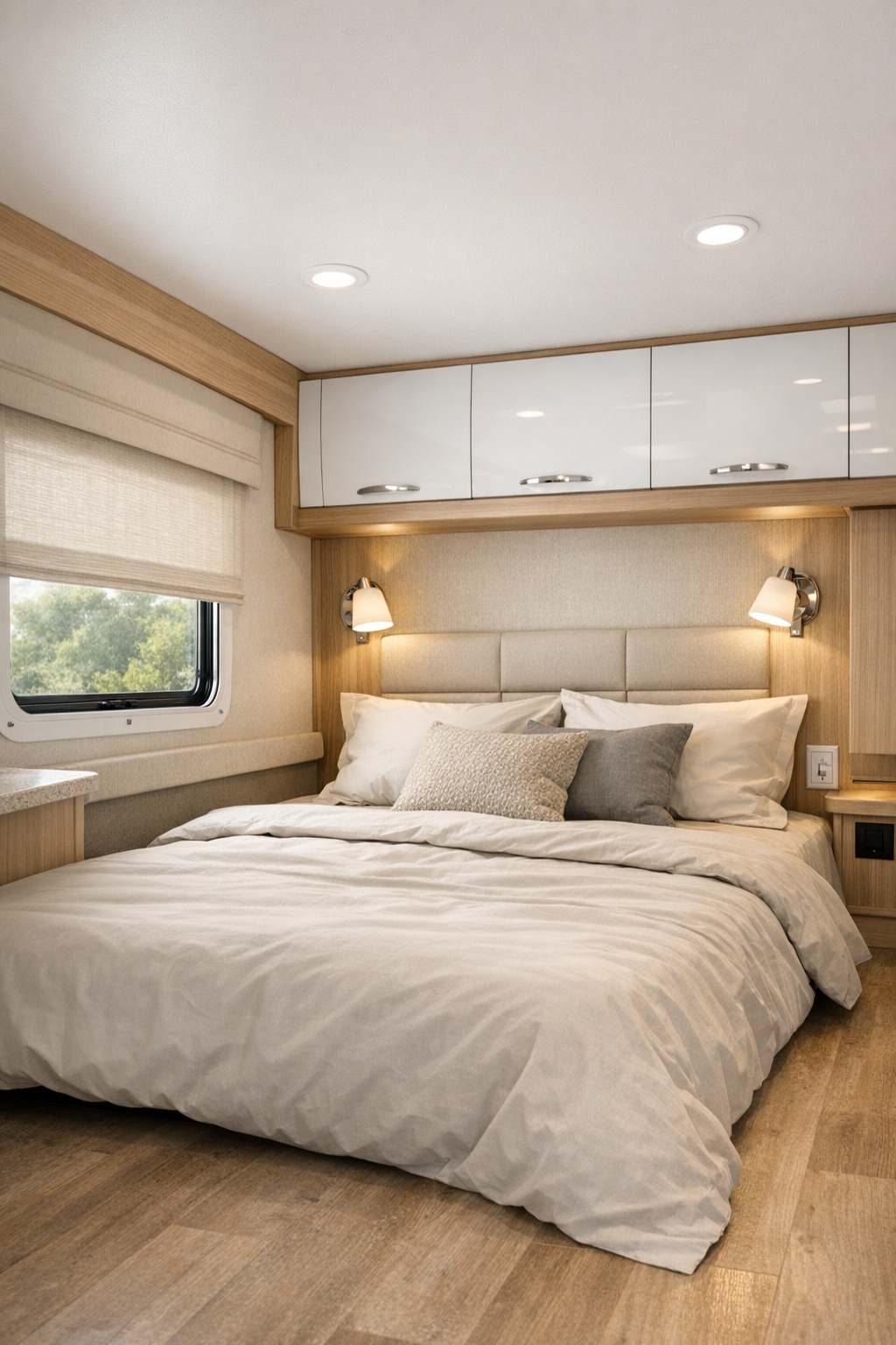 Calm accessible RV bedroom with a low bed, soft neutral textiles, and glossy white storage