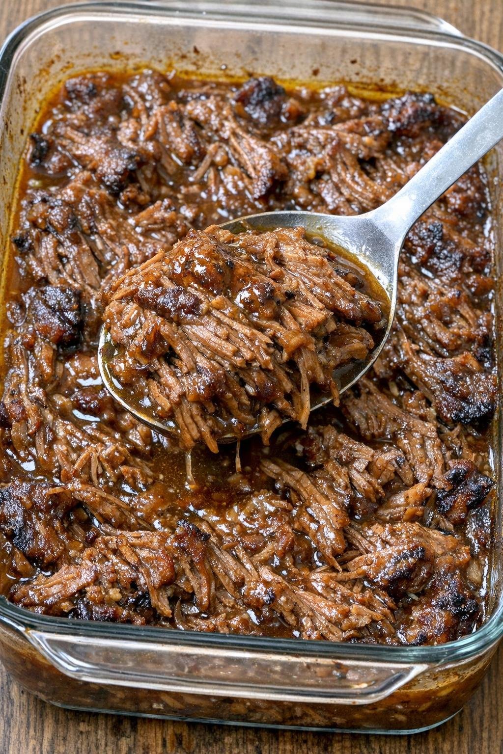 Tender pulled beef in glossy gravy in a glass baking dish