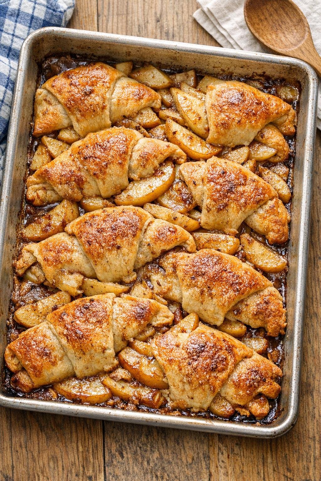 Finished baked crescent apple dessert in a sheet pan