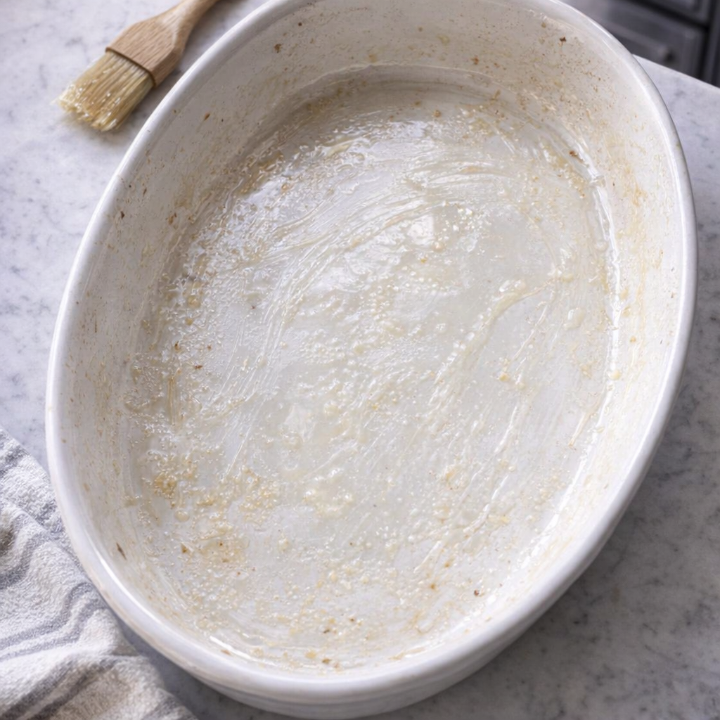 Greased baking dish ready for chicken