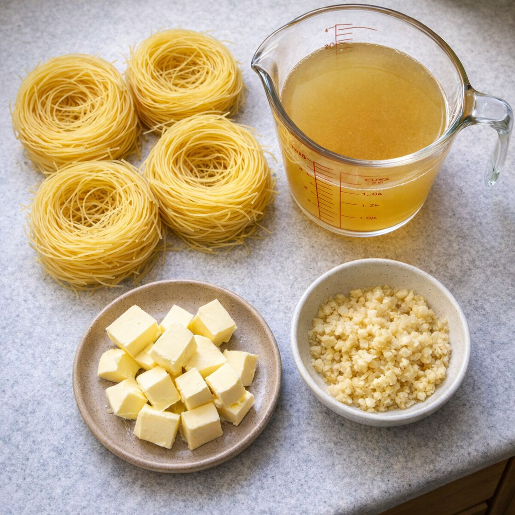 Simple garlic noodle ingredients on a kitchen counter