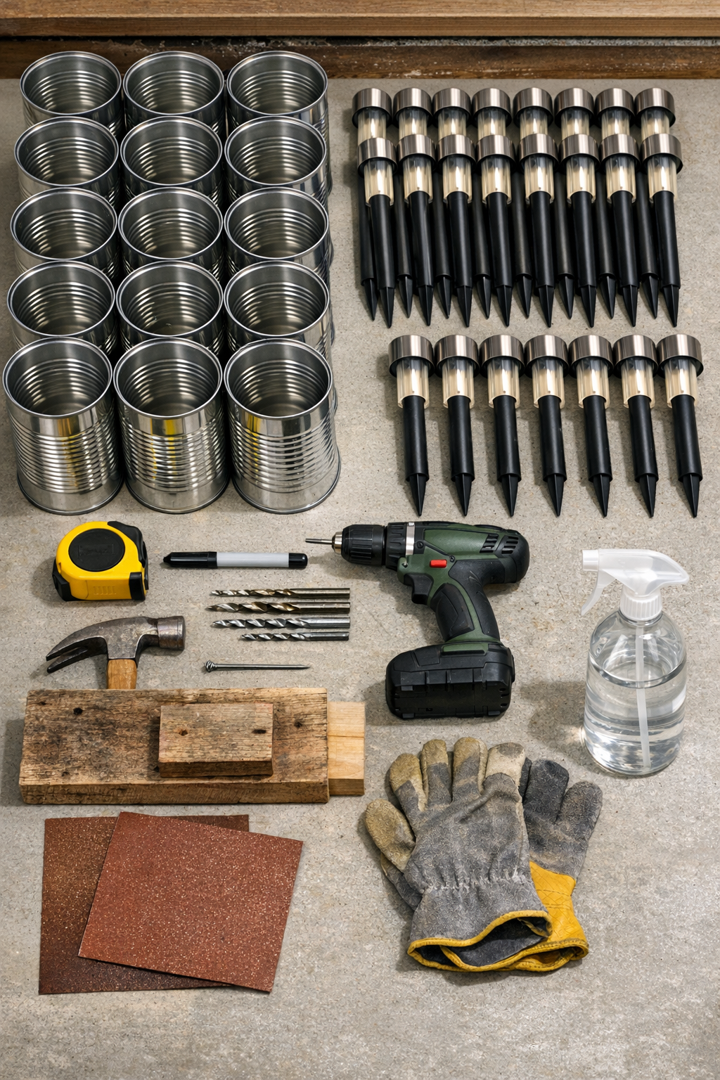 Materials for DIY backyard pathway lights laid out together