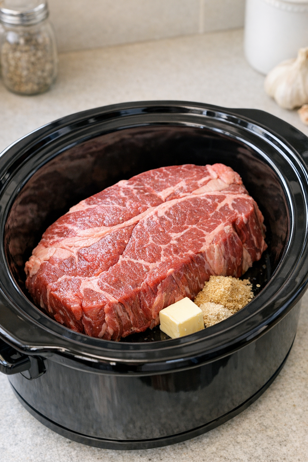 Beef chuck roast placed in a slow cooker