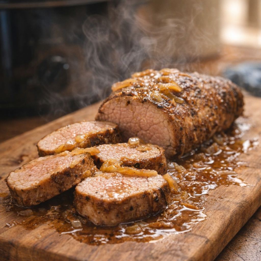 Cooked pork tenderloin resting on a cutting board