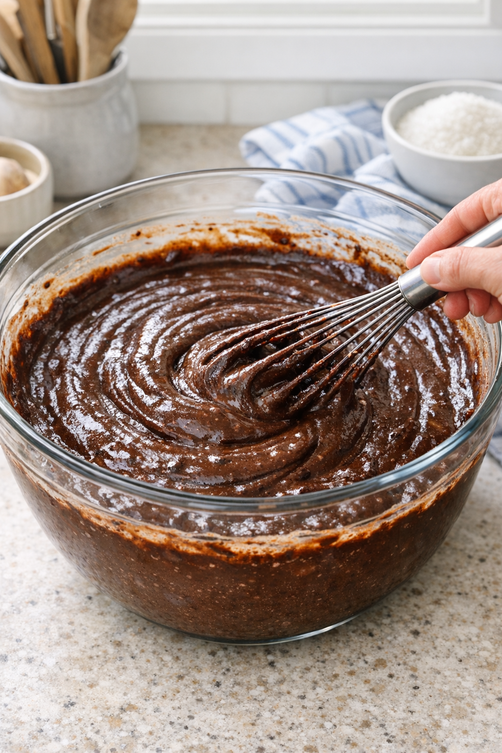 Chocolate batter being whisked in a mixing bowl