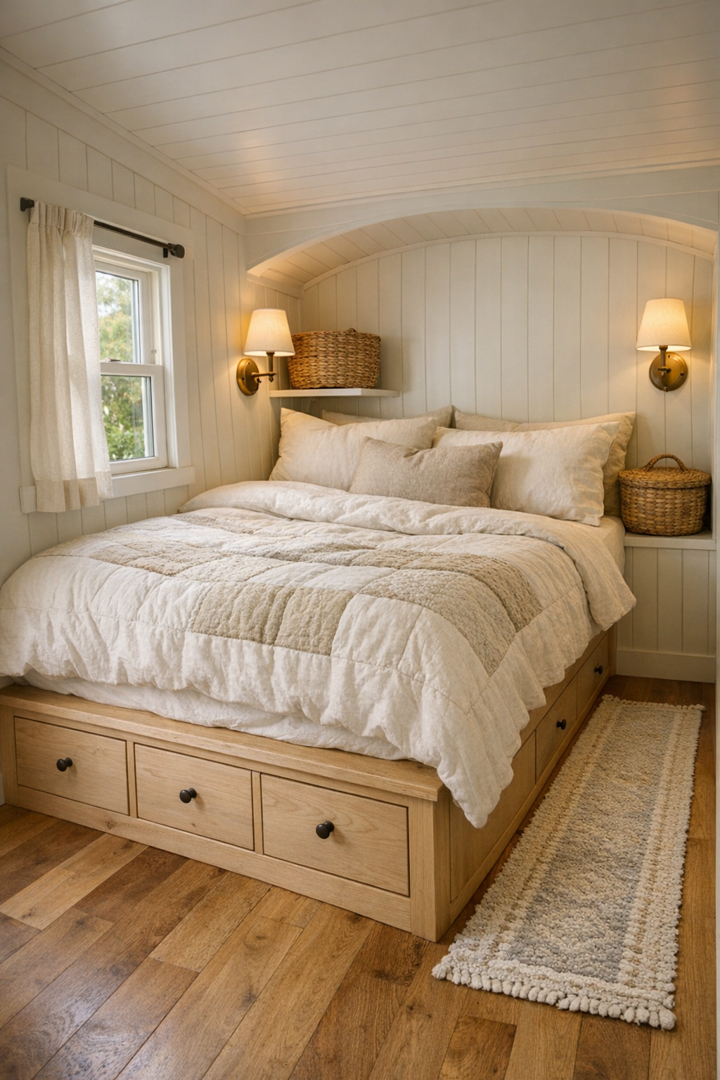 Peaceful tiny home bedroom with built-in bed, cream walls, quilted bedding, and soft natural light