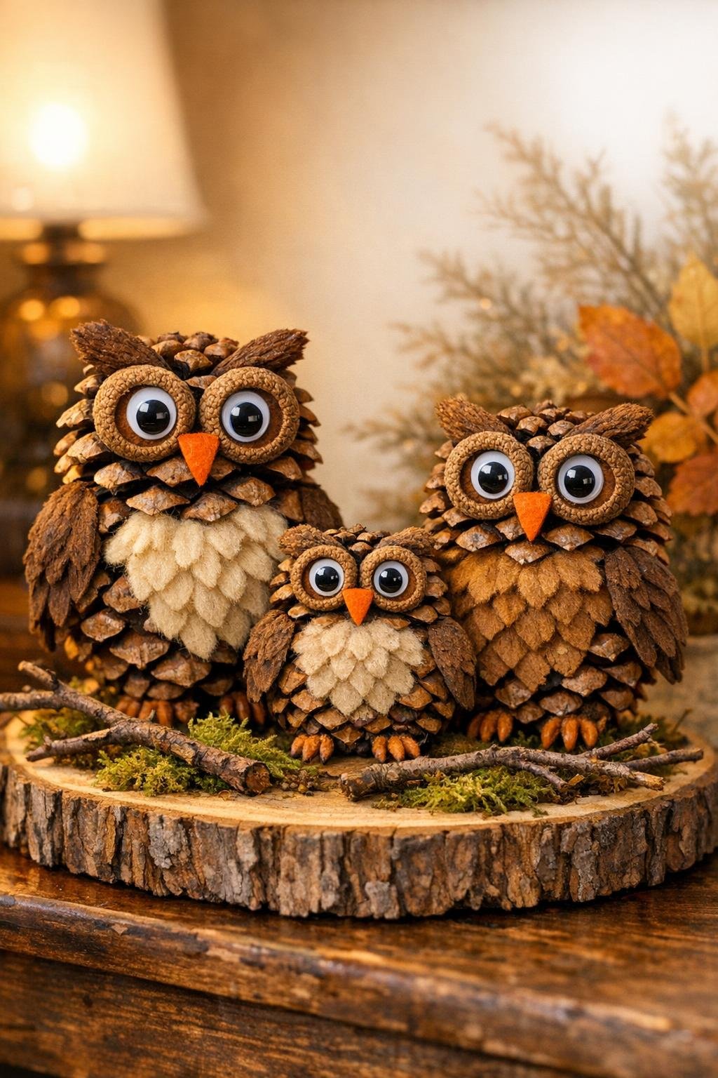 Finished pinecone owl family displayed on a wood base